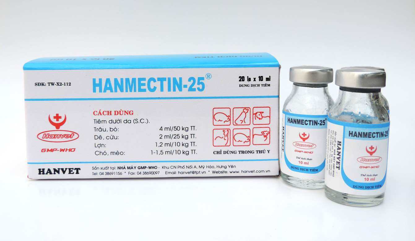  HANMECTIN 25  10ml  tiêm tẩy giun sán ve ghẻ chấy rận cho chó mèo gia súc gia cầm 