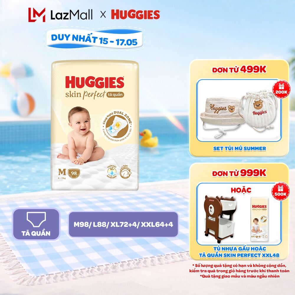 Tã quần Huggies Skin Perfect Mega Jumbo M98/L88/XL72+4/XXL64+4 miếng với 2 vùng thấm giảm kích ứng da