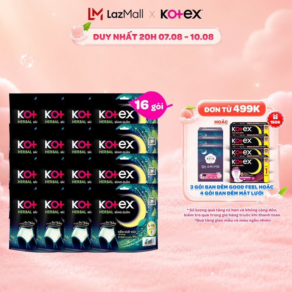 Combo 2/Combo 5/Combo 8/Thùng 16 gói/Băng vệ sinh quần Kotex Ban Đêm Thảo Dược Herbal L-XL 2 miếng