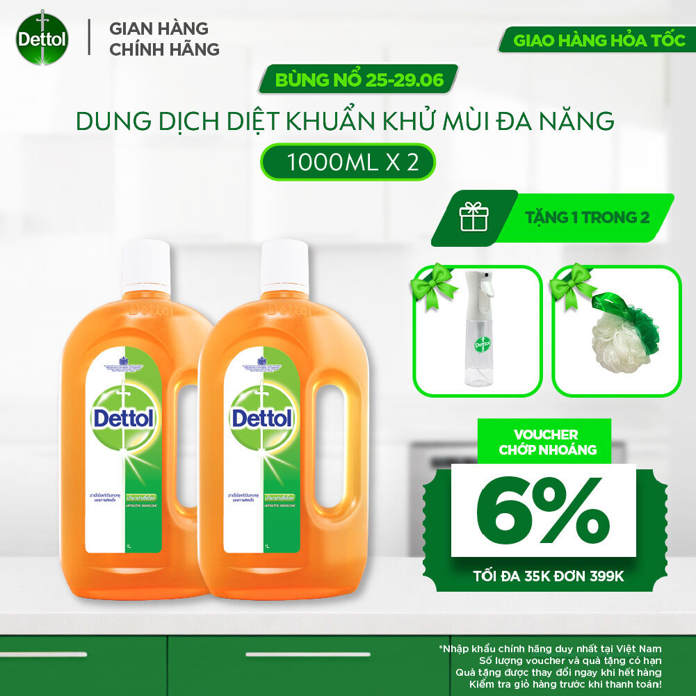 Combo 2 Chai Dung Dịch Diệt Khuẩn Khử Mùi Đa Năng Dettol, chai 1L