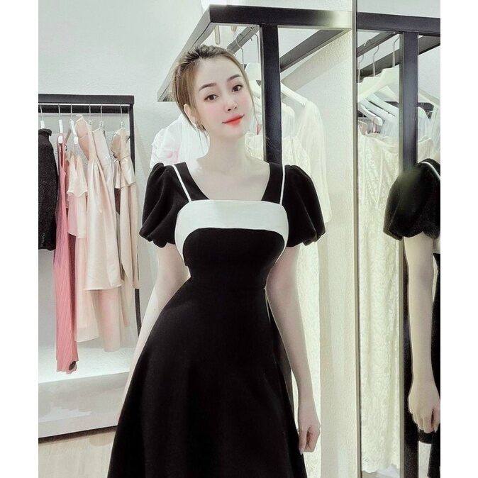 Váy đầm nữ dự tiệc sang trọng SIRO cổ vuông tay bồng phối viền trắng chất nhung màu đen đi chơi, đi làm cực xinh