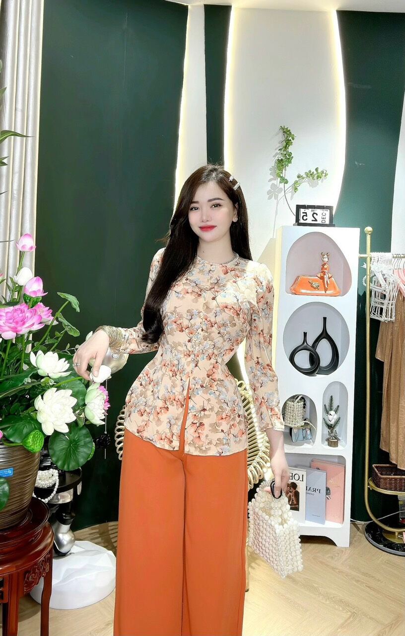 bộ bà ba lụa mango tay dài nhún vai