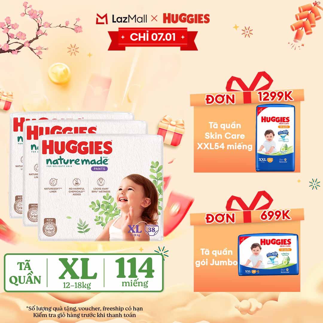 [CHỈ 15.01-10.02 QUÀ TẶNG ĐƠN 399K] Combo 3 Tã/Bỉm quần HUGGIES PLATINUM NatureMade XL38 (12-18kg)-Gói Jumbo 38 miếng