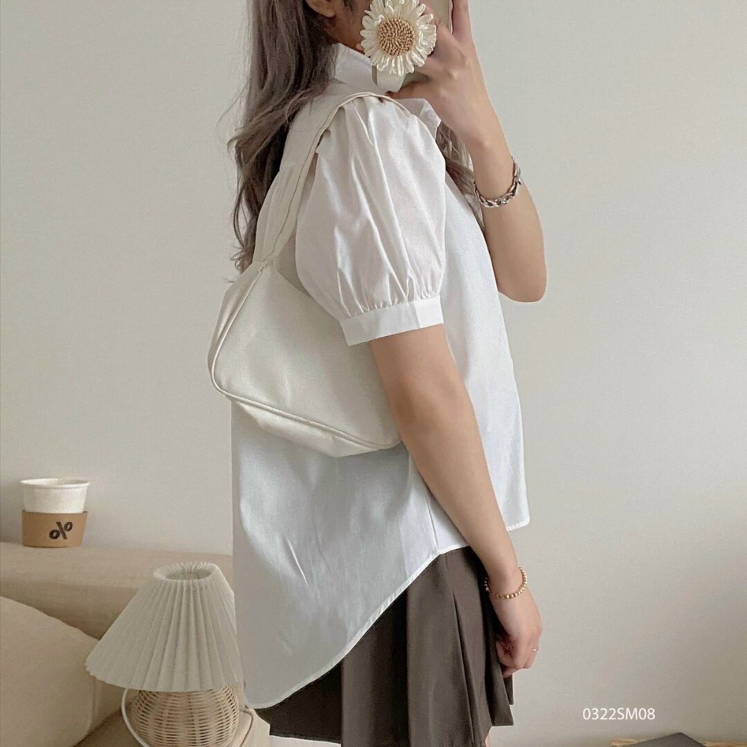 áo sơ mi cộc đuôi tôm xếp li lưng hàn quốc