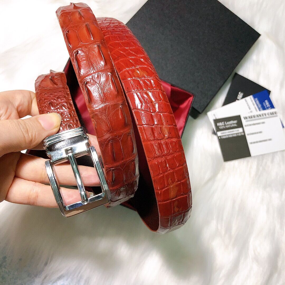 [ Full box] Dây thắt lưng da lưng cá sấu thật 100%, 2.5cm, màu nâu đỏ