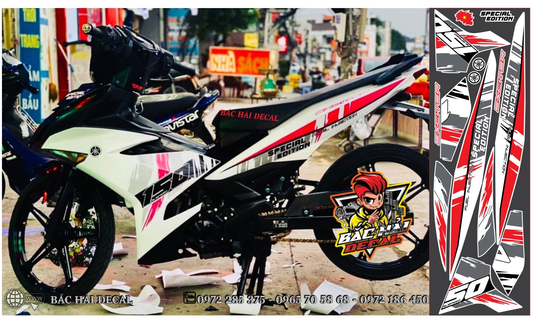Tem rời xe ex 150 trắng đỏ. đẹp mê ly