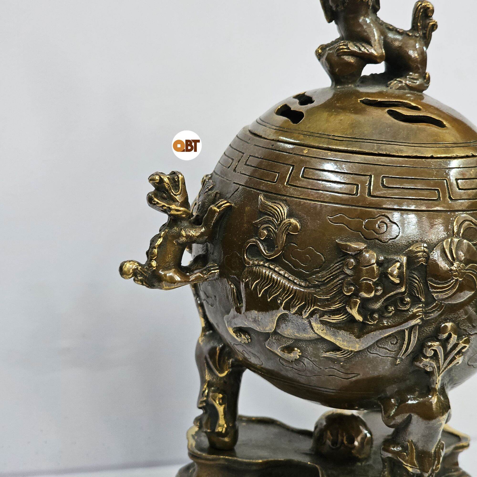 Xông trầm - lư nghê tròn bằng đồng