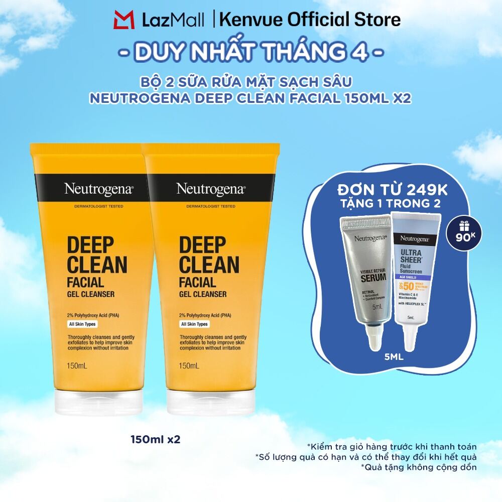 Combo Sữa rửa mặt làm sạch sâu cho DA DẦU NHẠY CẢM Neutrogena Deep Clean Facial Gel 150ml x2