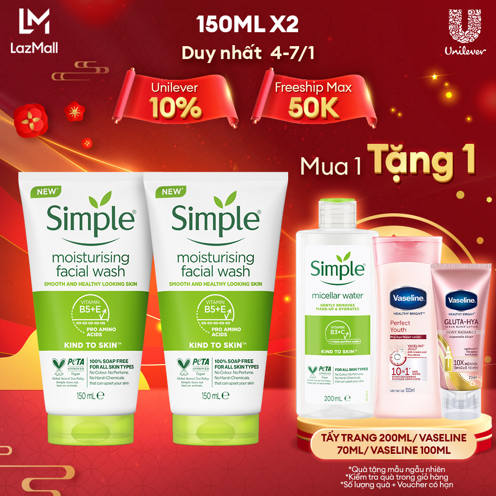 Combo 2 Sữa rửa mặt Simple sạch sâu hiệu quả - cho da thường 150ml [CHÍNH HÃNG ĐỘC QUYỀN] [DIỆN MẠO MỚI]