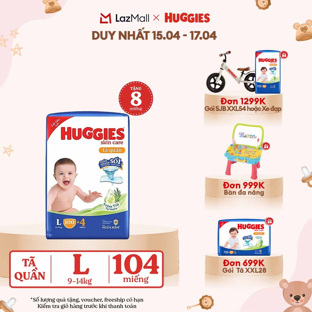 [CHỈ 18-24.04 GIẢM THÊM 90K]  Gói Tã/bỉm quần HUGGIES SKINCARE MEGA JUMBO size L100+4 miếng