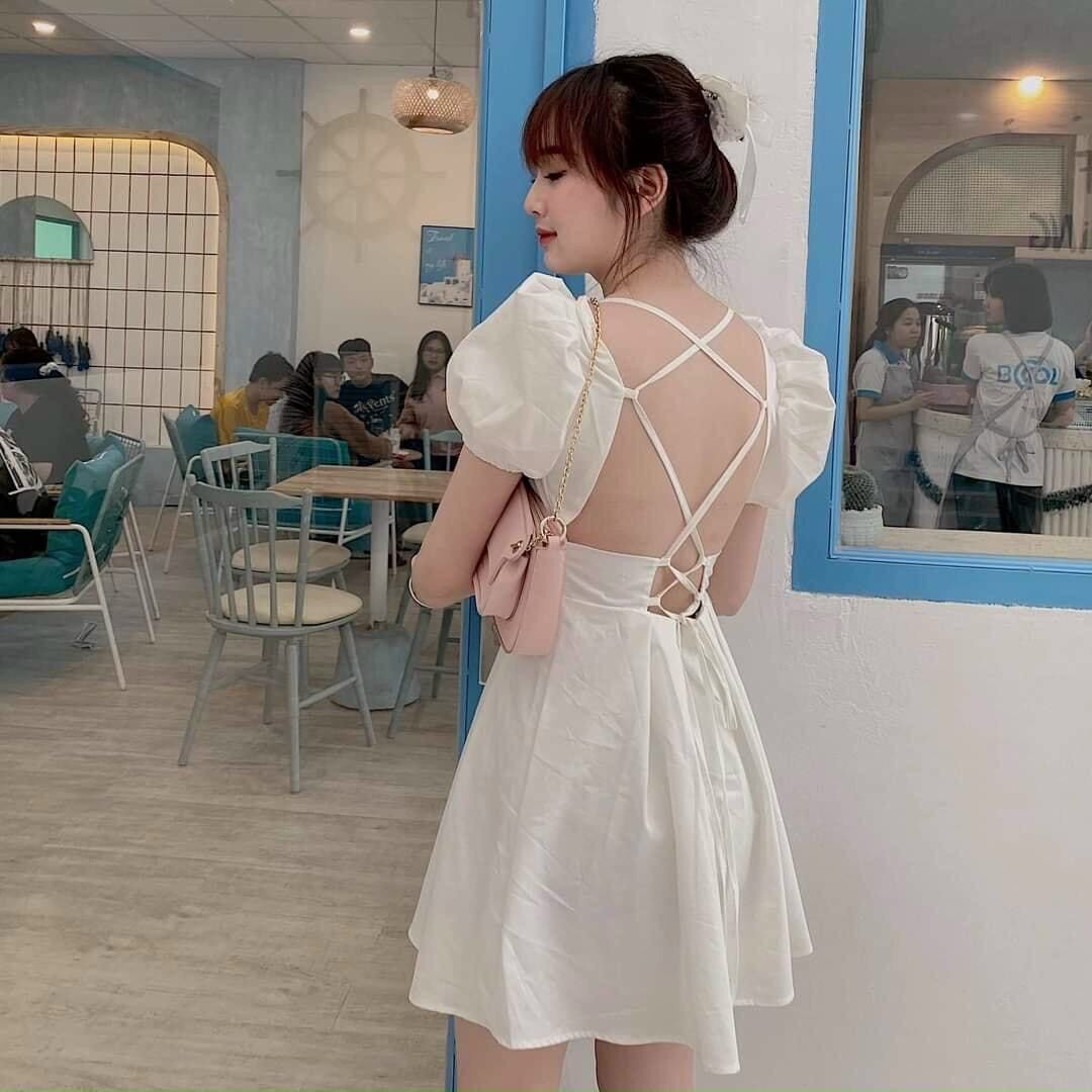 Đầm cổ V đan dây sau lưng