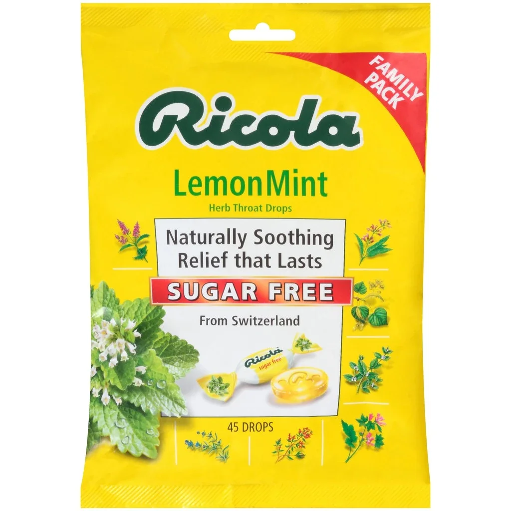 Kẹo ngậm giảm ho, giảm đau rát họng Ricola Original Herb Cough Drops Sugar Free Lemon Mint của Thụy Sĩ túi 115 viên