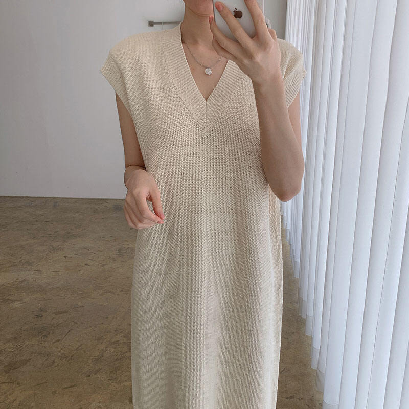 Váy Vest Dệt Kim Cổ Chữ V Không Tay Mùa Hè Dáng Rộng Màu Trơn Giản Dị Phong Cách Retro Cho Nữ Váy Midi Dài Váy Công Sở