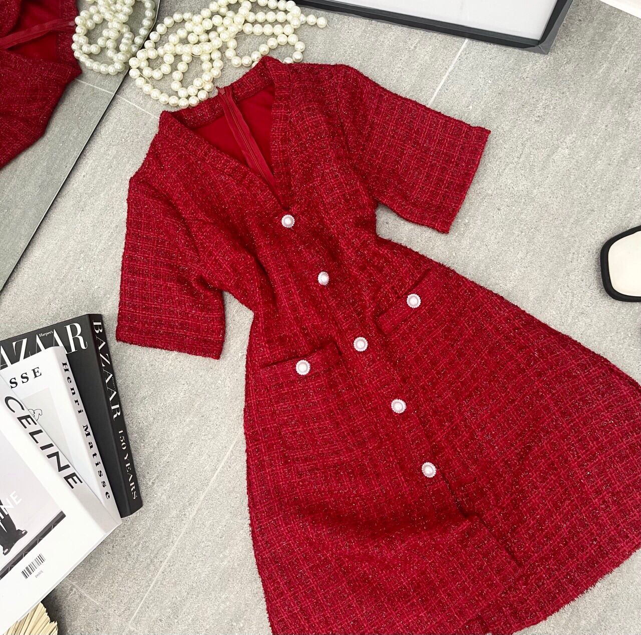 Váy dạ đỏ tweed dáng xuông basic | Lazada.vn