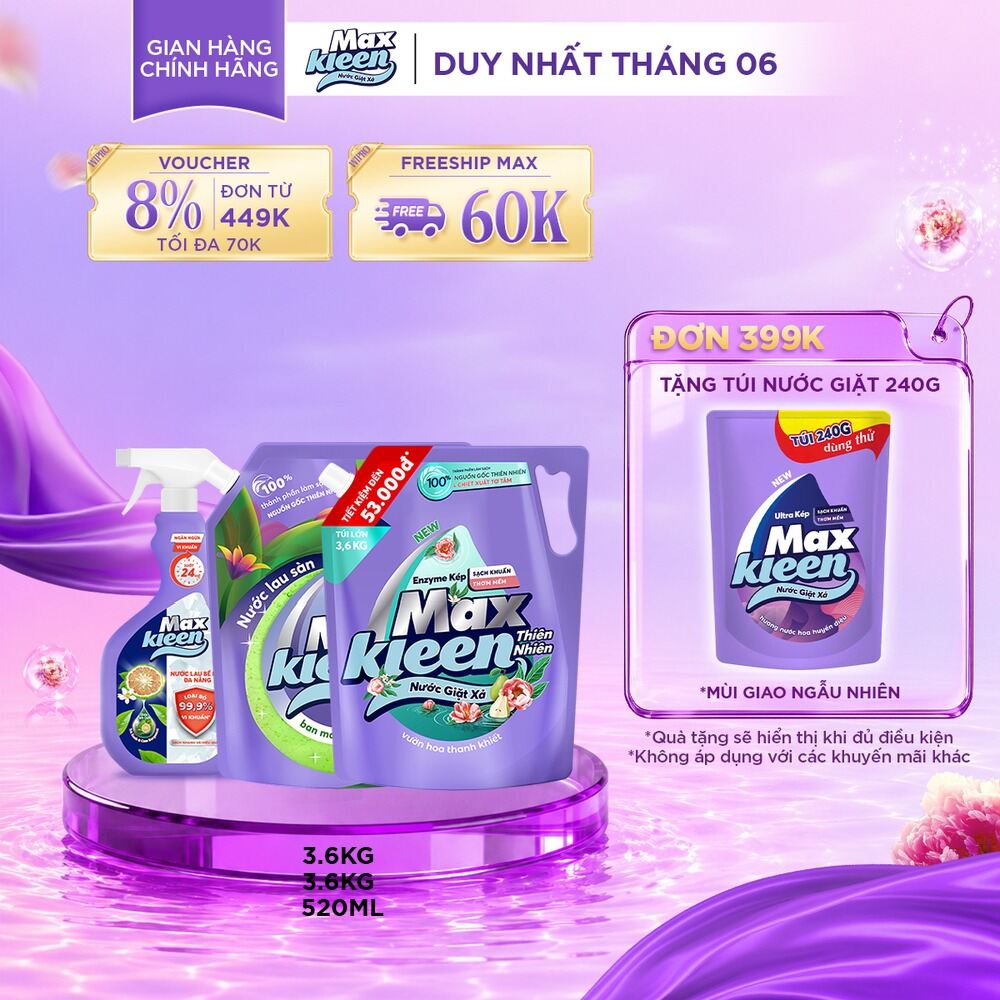 Combo Túi Nước Lau Sàn 3.6kg + Túi Nước Giặt Xả MaxKleen Thiên Nhiên 3.6kg + Chai nước lau bề mặt đa năng