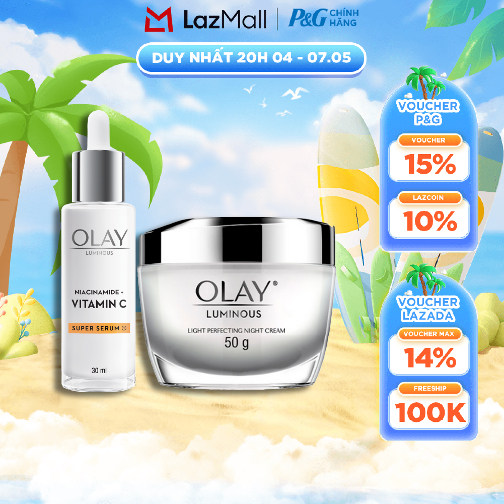Combo Kem Dưỡng Ban Đêm OLAY Luminous Niacinamide VITAMIN C Giúp Mờ Vết Thâm, Đốm Nâu, Dưỡng Sáng Da Chai 30ML + Kem Dưỡng Ban Đêm OLAY LUMINOUS Dưỡng Sáng Da Hũ 50G