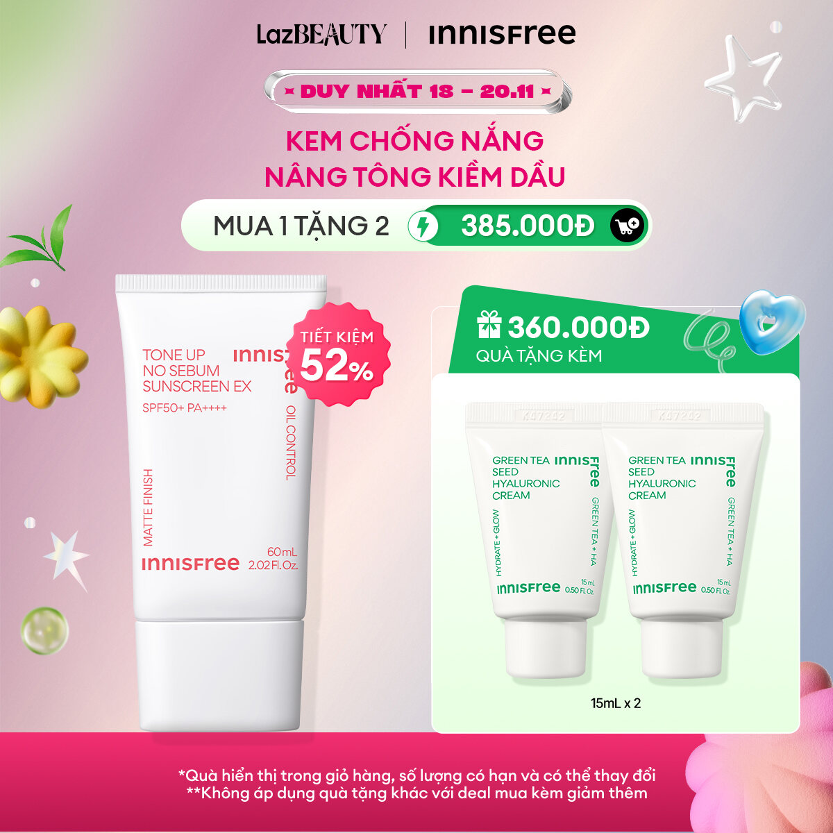 Kem chống nắng nâng tông kiềm dầu INNISFREE Tone Up No Sebum Sunscreen EX SPF 50+ PA++++