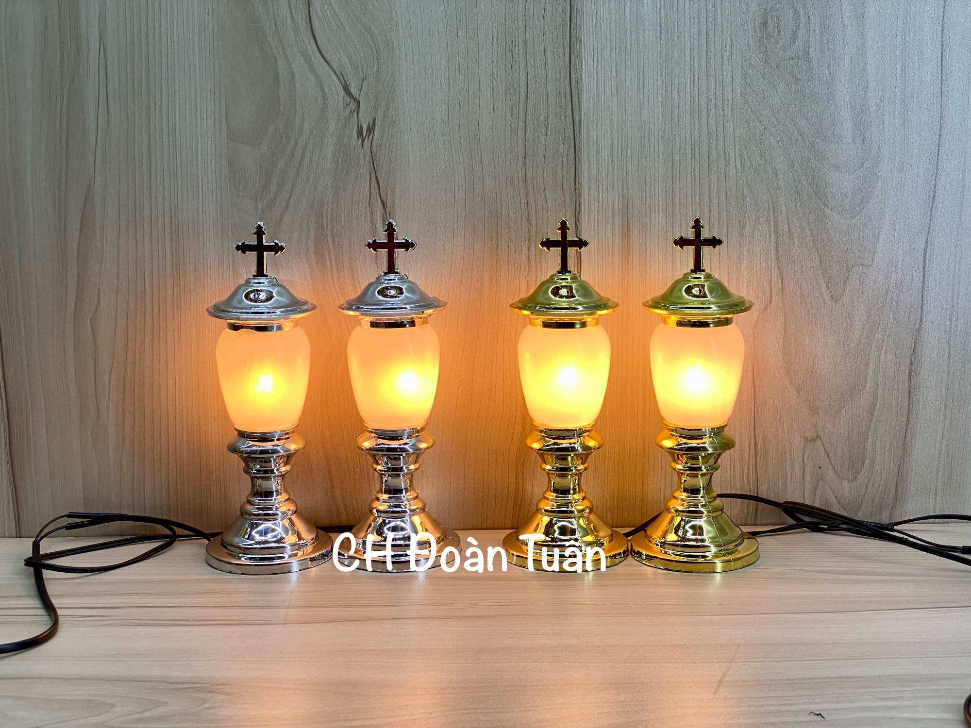 Cặp đèn thờ thánh giá công giáo, đèn điện xi màu đồng - đèn lồng thánh giá