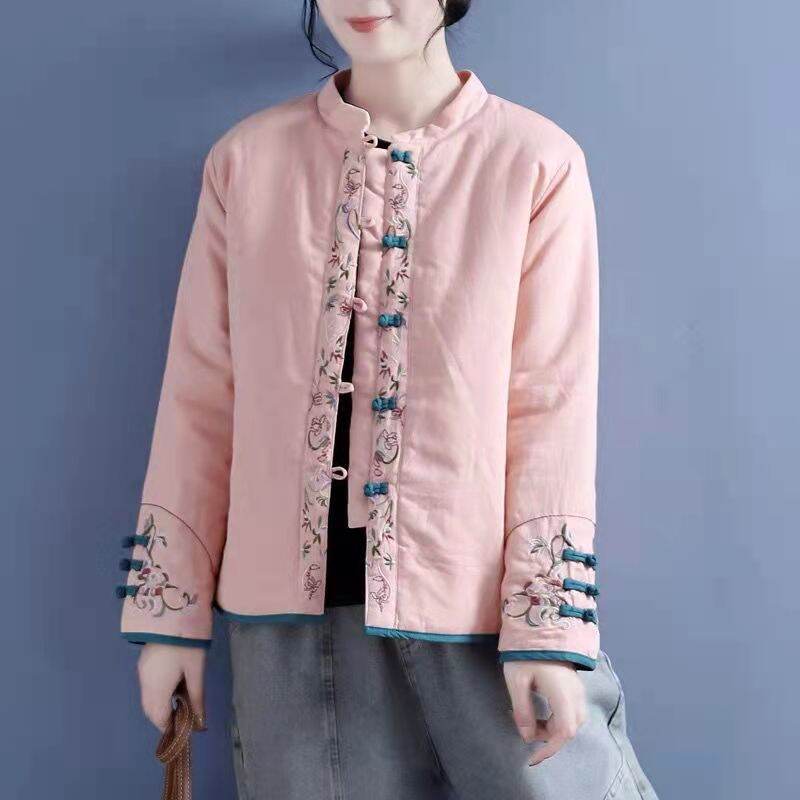Áo Khoác Cotton Thêu Cỡ Lớn Cho Nữ Mùa Đông Cổ Đứng Tay Dài Nút Đan Áo Khoác Ngoài Thường Ngày Thoải