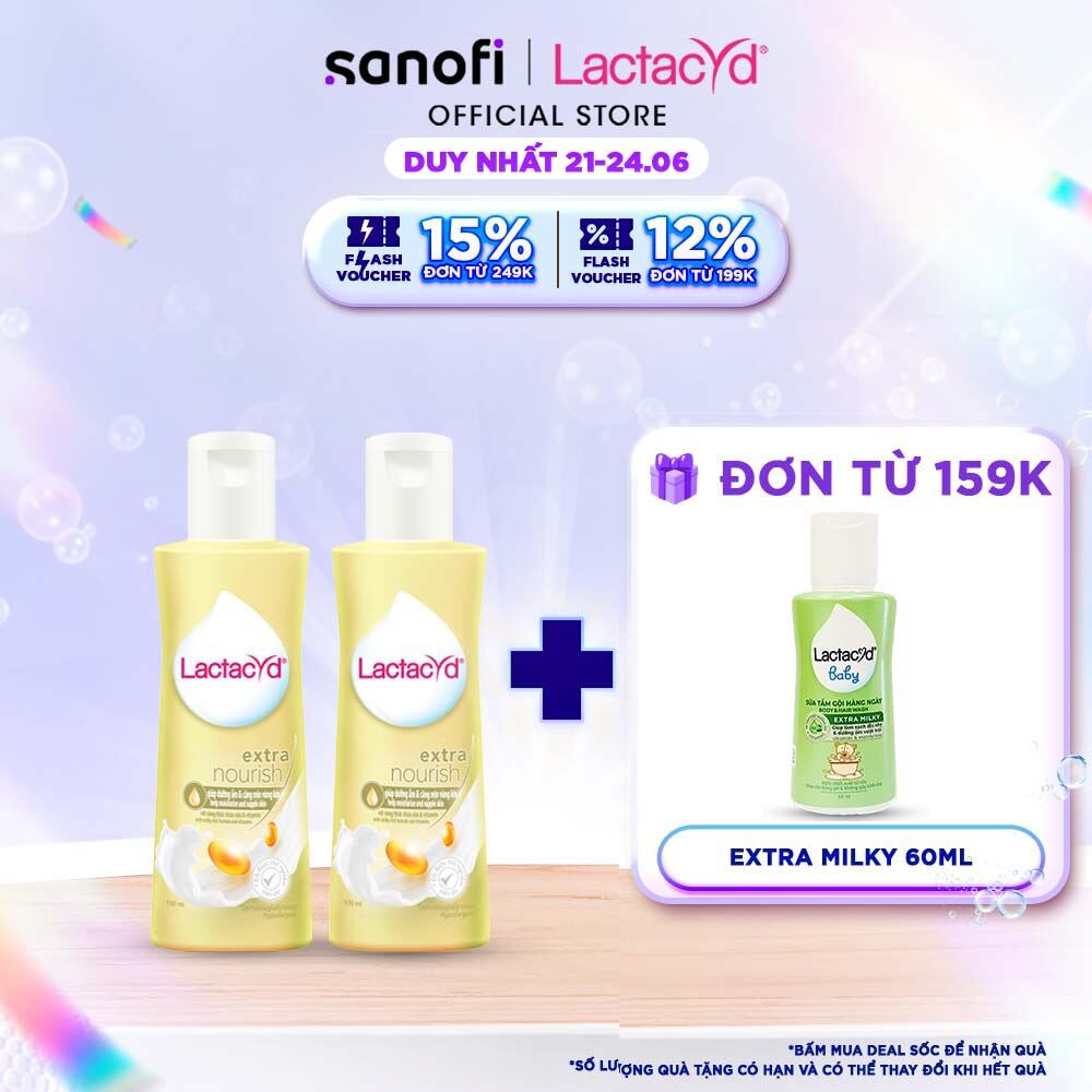 Bộ 2 chai Dung dịch vệ sinh phụ nữ Lactacyd Extra Nourish Dưỡng Ẩm và Căng Mịn 150ml/chai