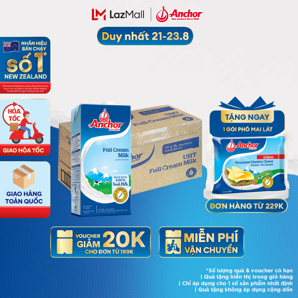 [GIAO HÀNG HỎA TỐC - HCM] Thùng 12 Hộp Sữa Tươi Tiệt Trùng Anchor Nguyên Kem Hộp 1 Lít