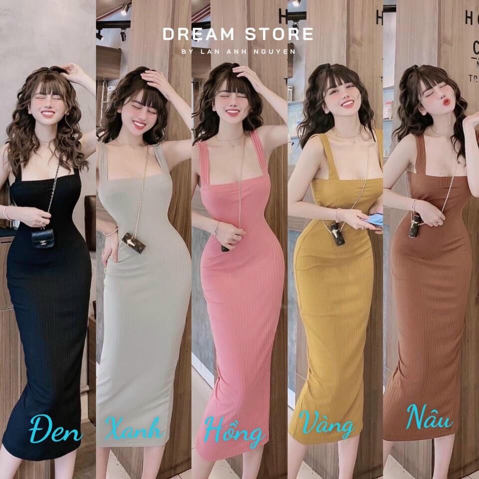 Đầm hai dây bản to from dài đầm ôm body from dưới 50