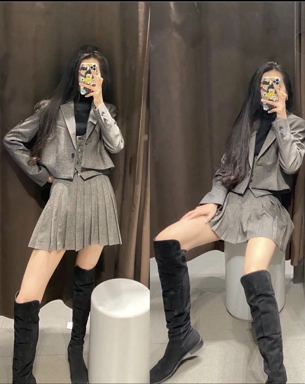 Set crop blazer + chân váy xếp ly ZR xuất xịn