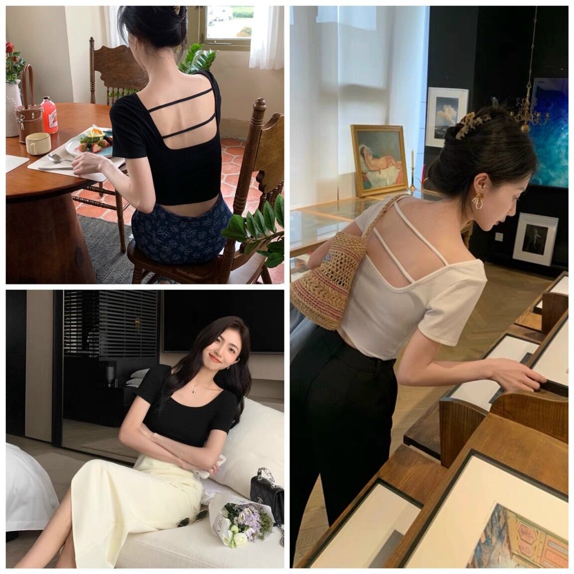 Áo croptop cổ tròn dây lưng tay ngắn