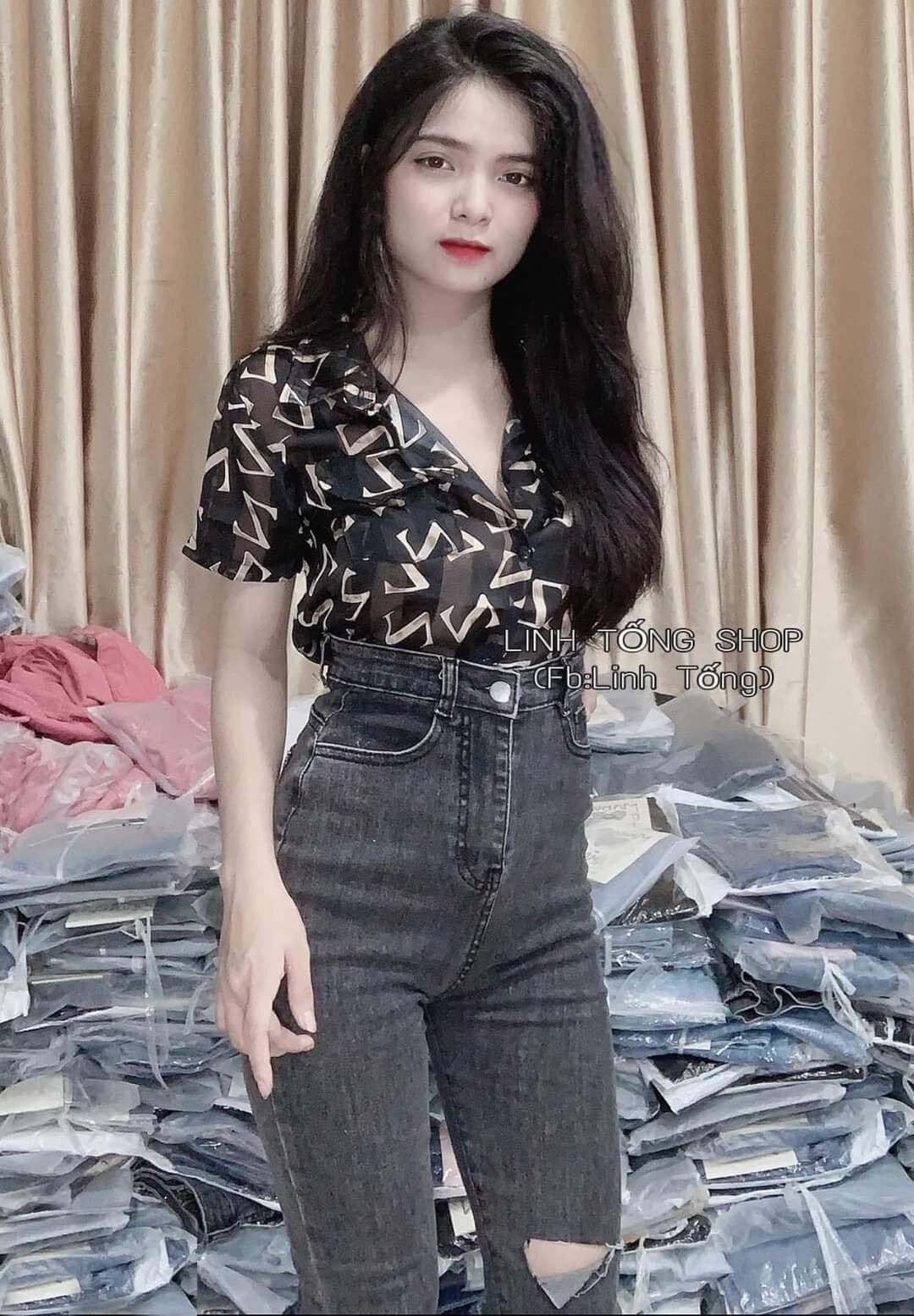 Jeans Dài Lưng Cao Co Giãn Rách L