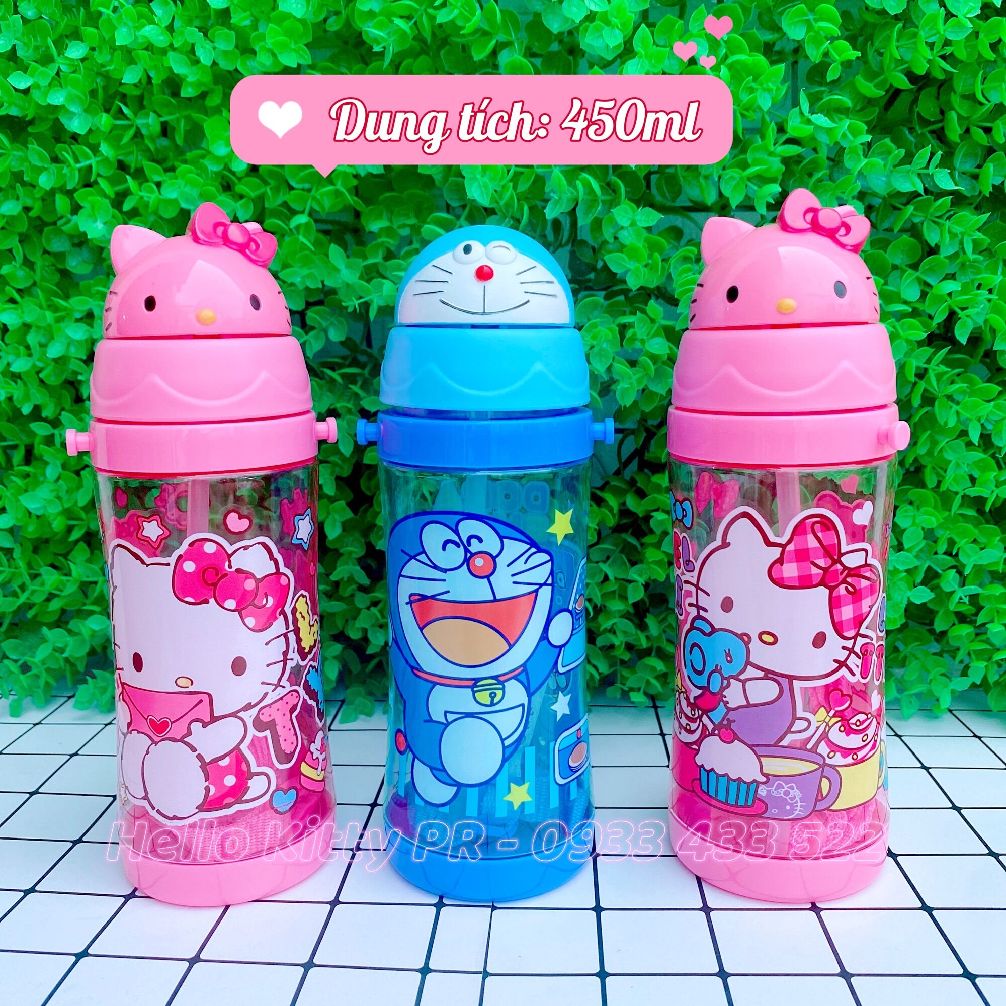 Bình nước ống hút có dây đeo Hello Kitty - Doremon Doraemon