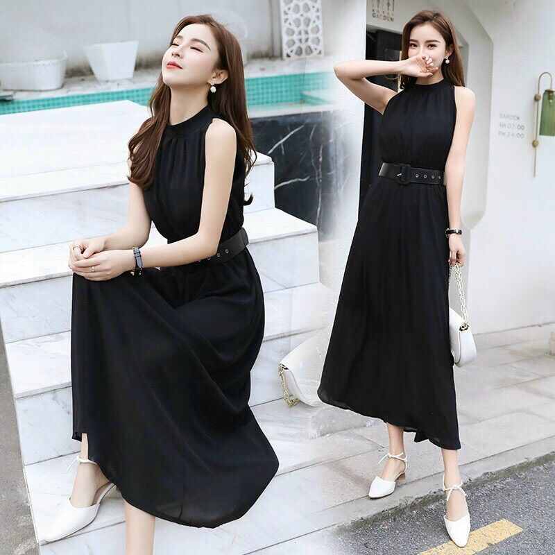 Đầm maxi cổ yếm eo chun kèm belt