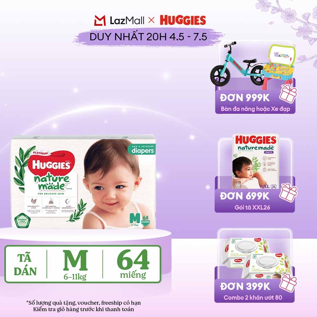 [CHỈ 20h 04-07.05 QUÀ TẶNG ĐƠN 399K](Mua 1 tặng 1)  Tã/Bỉm dán HUGGIES PLATINUM NatureMade M64 (6-11kg)-Gói Jumbo 64 miếng