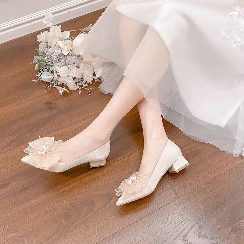 Giày cao gót 5 phân gót vuông nơ ren Ngọc đi tiệc cô dâu xinh xắn A1NR