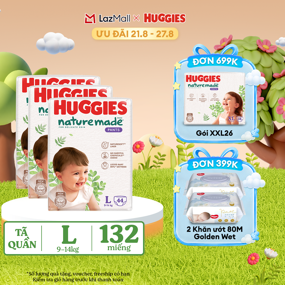 [17-24.08 QUÀ TẶNG ĐƠN 399K]  Combo 3 Tã/Bỉm quần HUGGIES PLATINUM NatureMade L44 (9-14kg)-Gói Jumbo 44 miếng