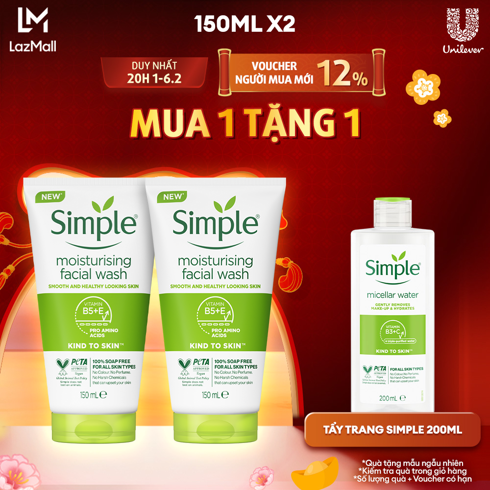 Combo 2 Sữa rửa mặt Simple sạch sâu hiệu quả - cho da thường 150ml [CHÍNH HÃNG ĐỘC QUYỀN] [DIỆN MẠO MỚI]