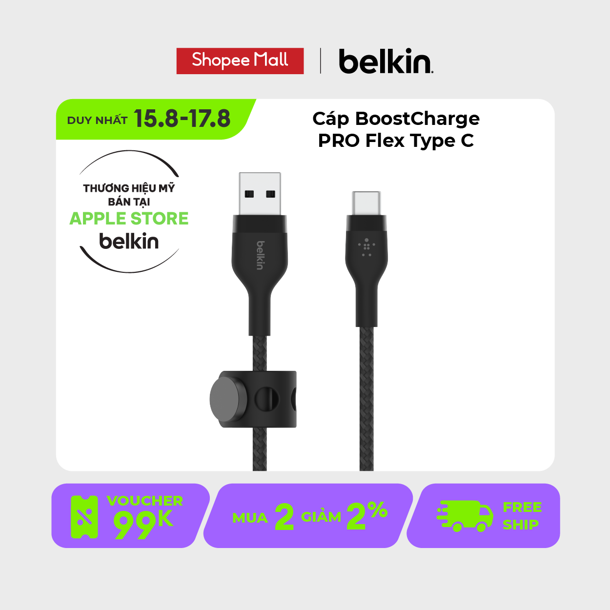 Cáp sạc usb type c boost↑charge™ pro flex belkin vỏ silicon bọc dù 60w 1m cab010