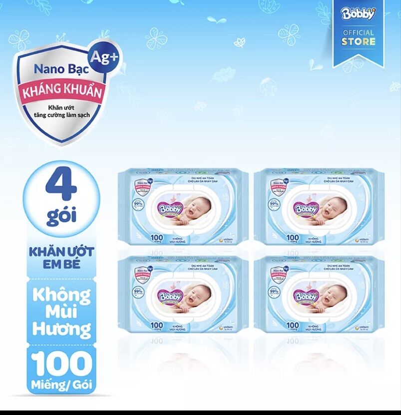 Bộ 4 khăn ướt bobby 100 tờ