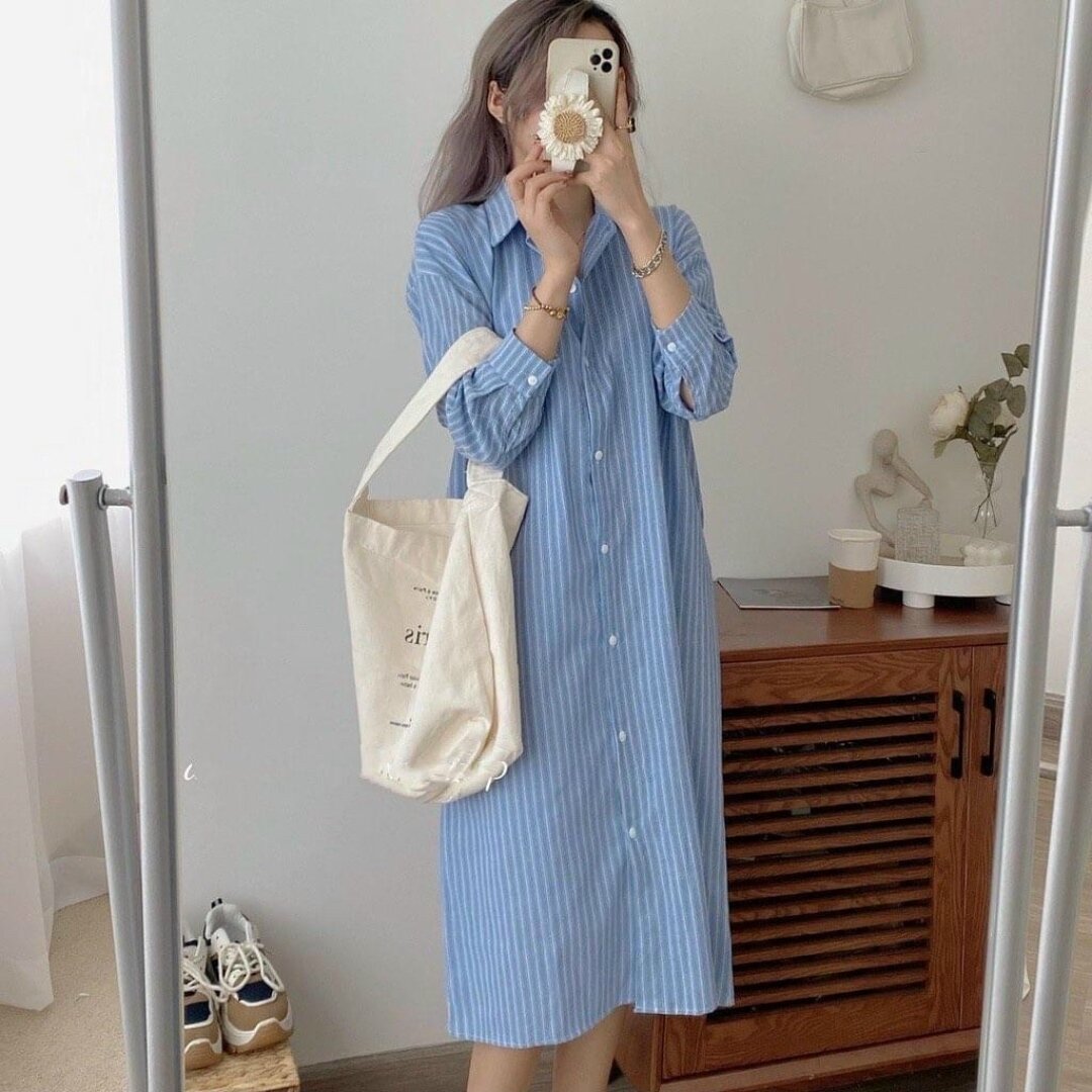 váy sơ mi kẻ sọc dáng dài ulzzang hàn quốc