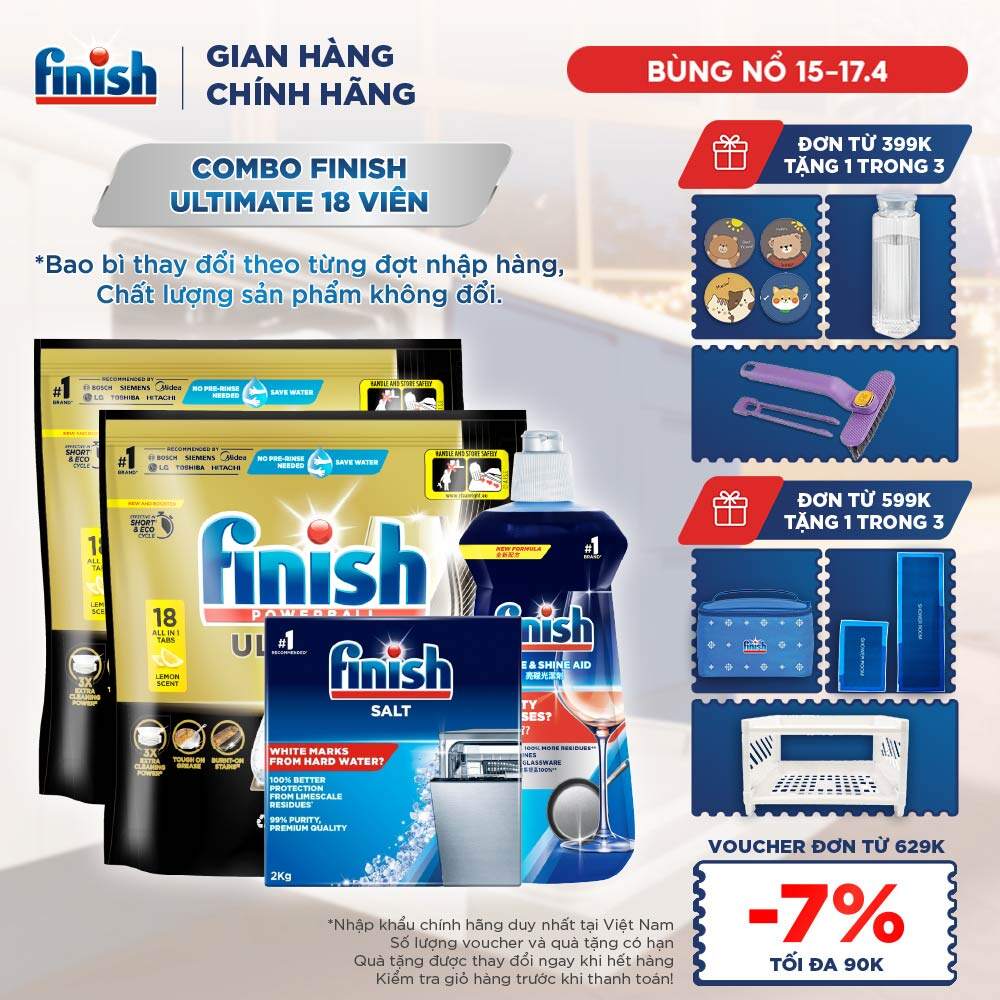 Combo 2 Túi rửa chén Finish Ultimate 18 viên + Nước làm bóng Finish 500ml + Muối rửa chén Finish 2kg