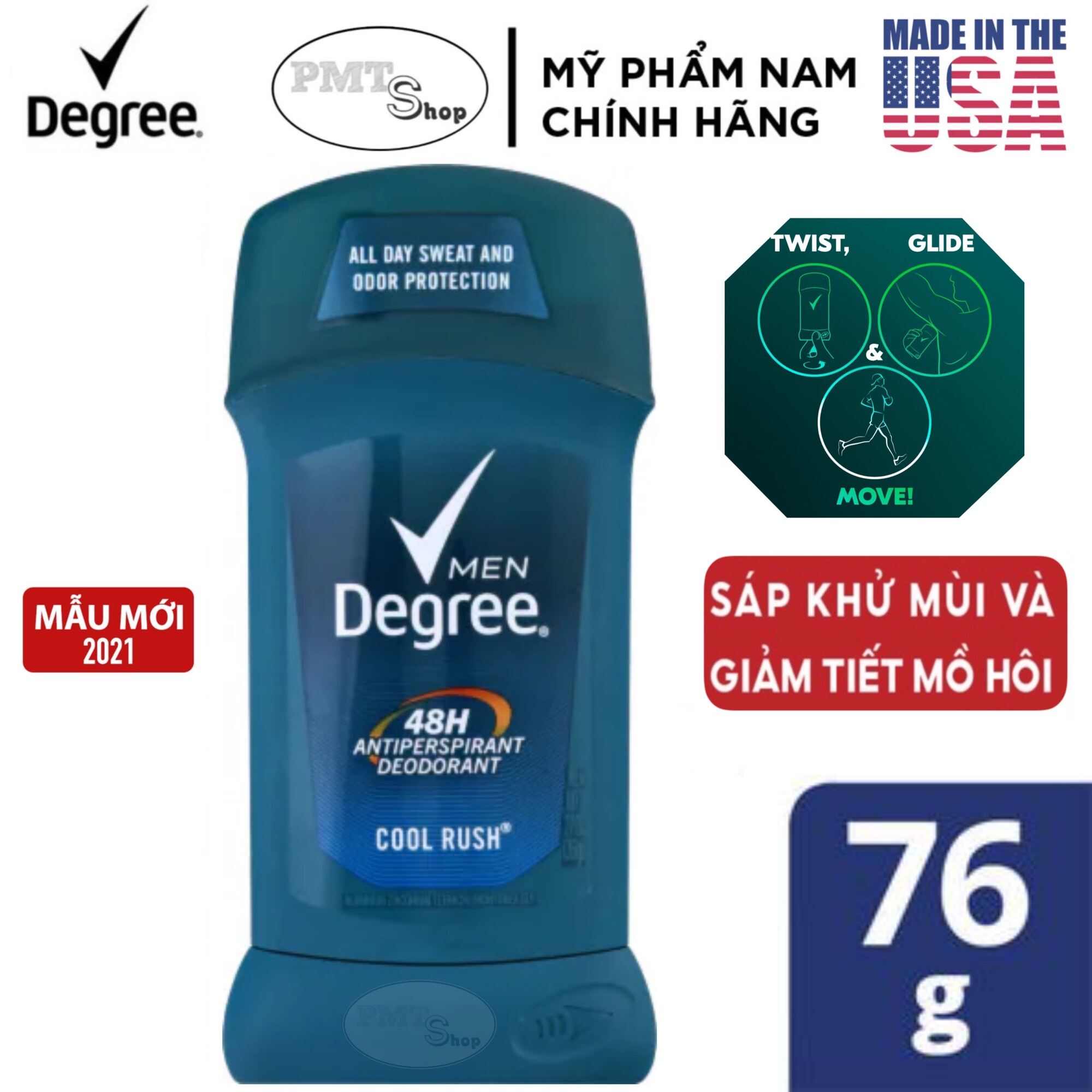 [USA] Lăn sáp khử mùi nam Degree Men Cool Rush 76g (sáp trắng) Deodorant Antiperspirant - Mỹ nhập khẩu