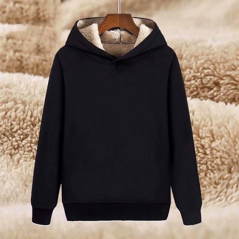 Áo Hoodie Len Dày Dặn Lót Lông Cừu Áo Giữ Ấm Mẫu Dày Màu Đen Trơn Không Mũ Nam Rộng Rãi Liền Mũ Chui Đầu Mùa Đông