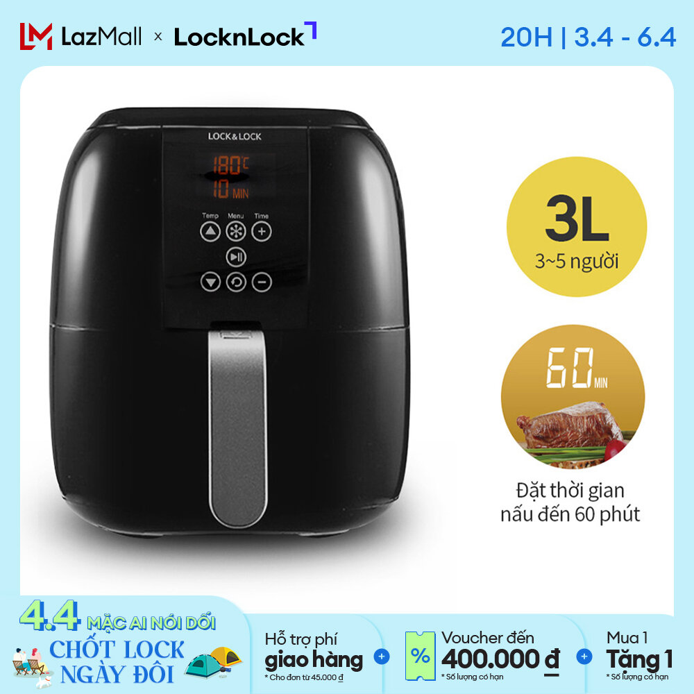 Ecf-300b - nồi chiên không dầu lock&lock 3l - 6 chế độ nấu cài sẵn, có quai xách , giảm 80% lượng mỡ tiêu thụ hàng chính hãng - bh 2 năm