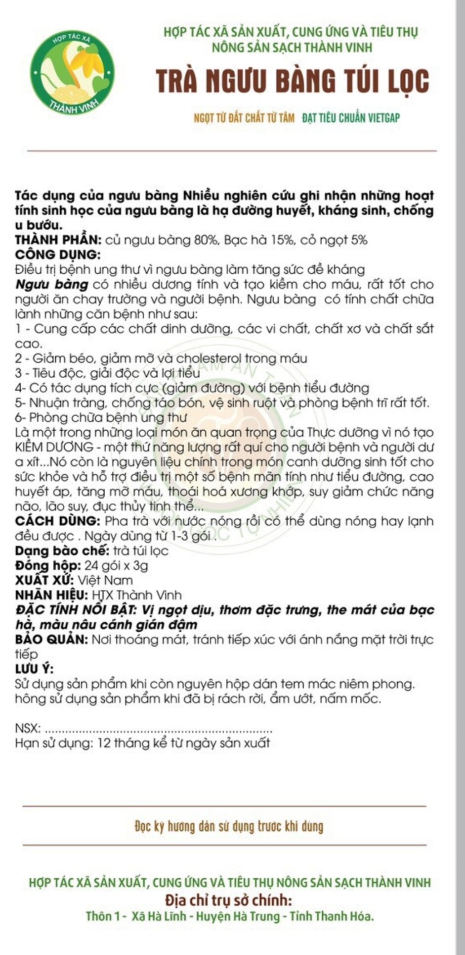 TRÀ NGƯU BÀNG TÚI LỌC (24 TÚI LỌC)