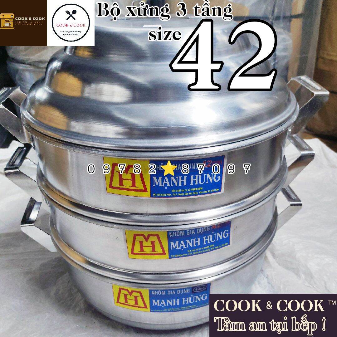 Bộ xửng hấp bánh bao, hấp xôi size 42 cm nhôm Mạnh Hùng 2, 3 tầng hấp xôi, hấp bánh bao, hấp hải sản...