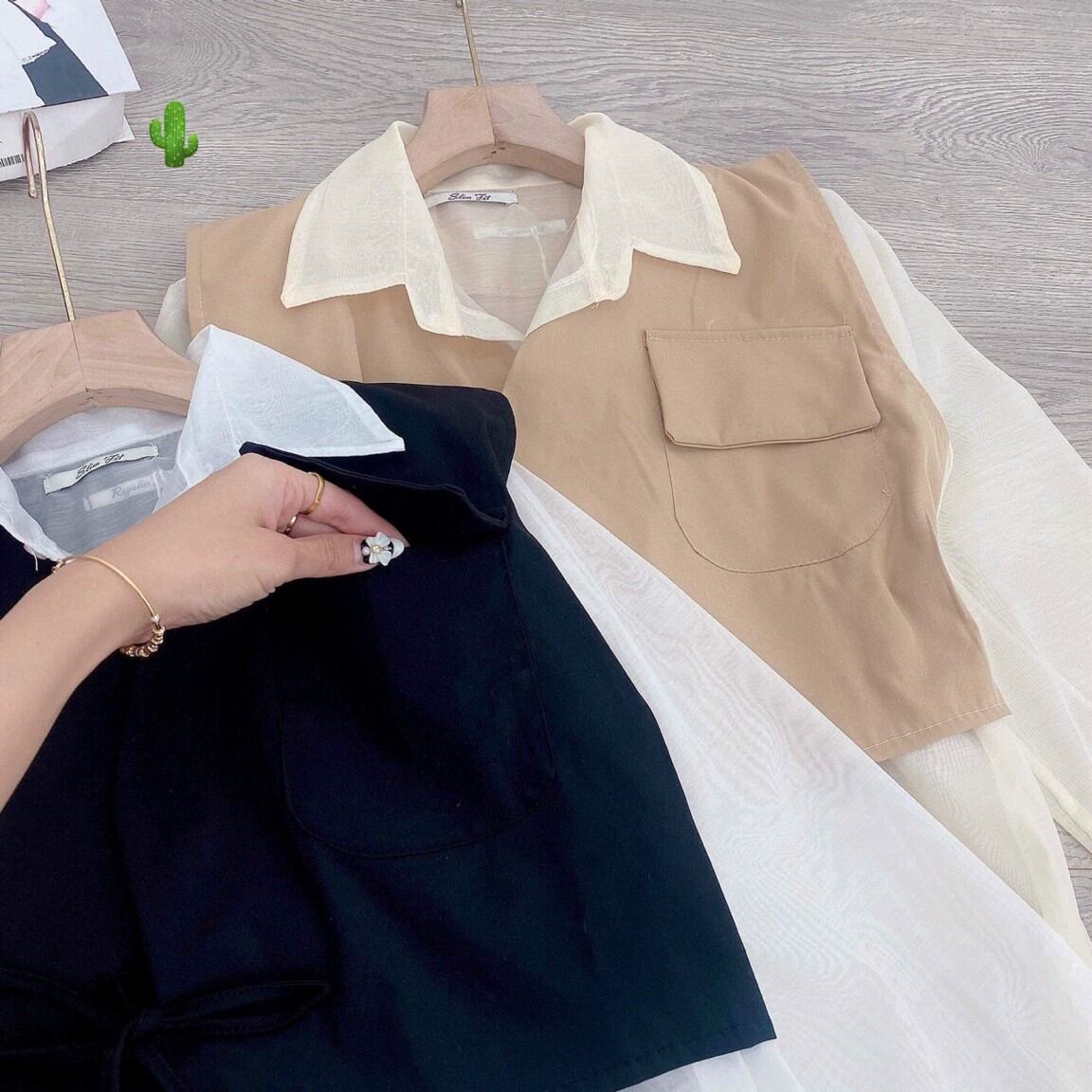 Áo sơ mi đôi kèm vest túi ngực
