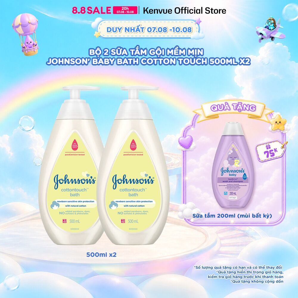 Combo 2 Chai Sữa Tắm Gội Toàn Thân Mềm Mịn Johnson Baby Bath Cotton Touch 500mlx2