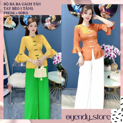 Đồ lam đi chùa - Bộ bà ba cách tân, áo gấm tay bèo 1tầng, phom dưới 60kg