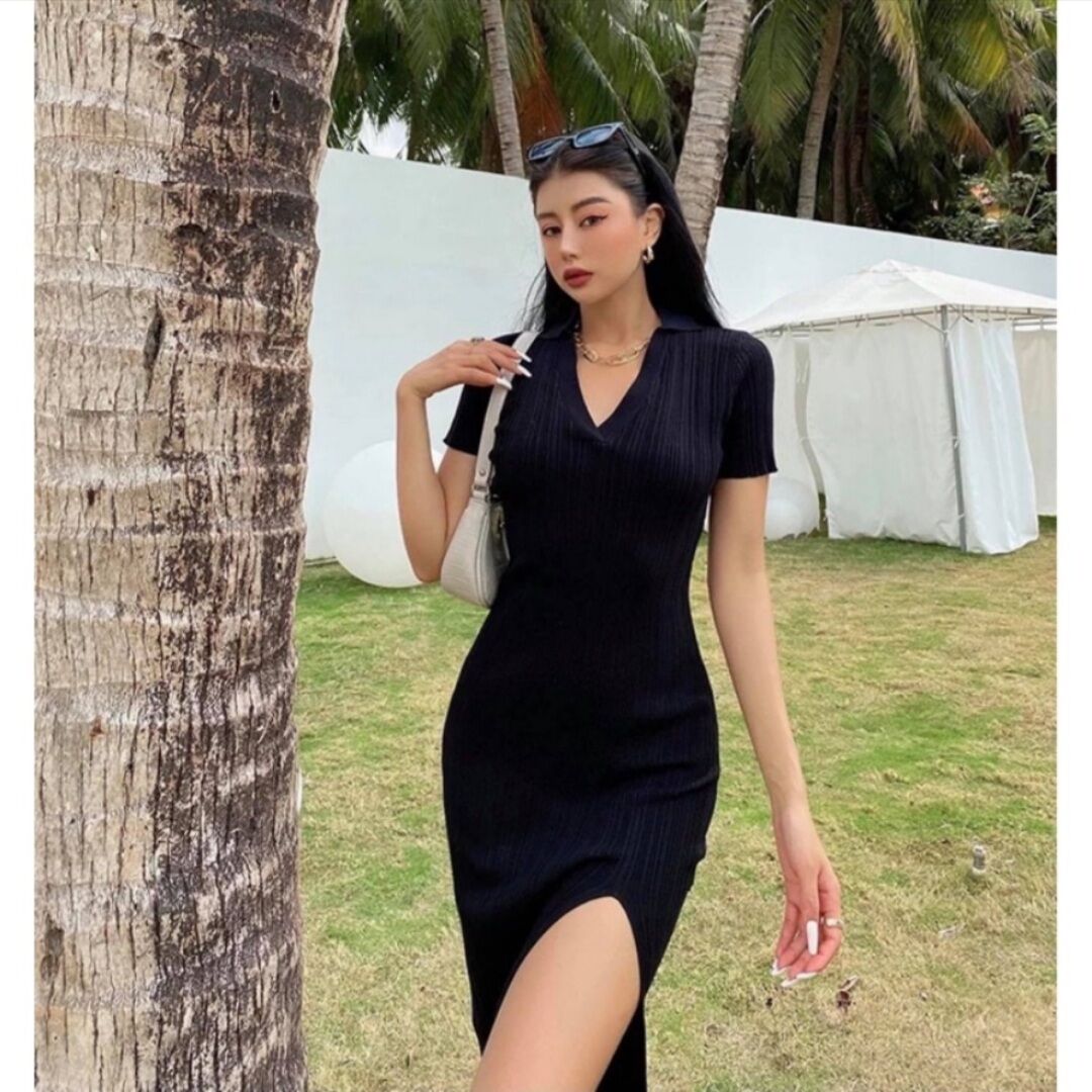 Đầm xẻ tà , cổ sơ mi ôm body dày dặn tôn dáng