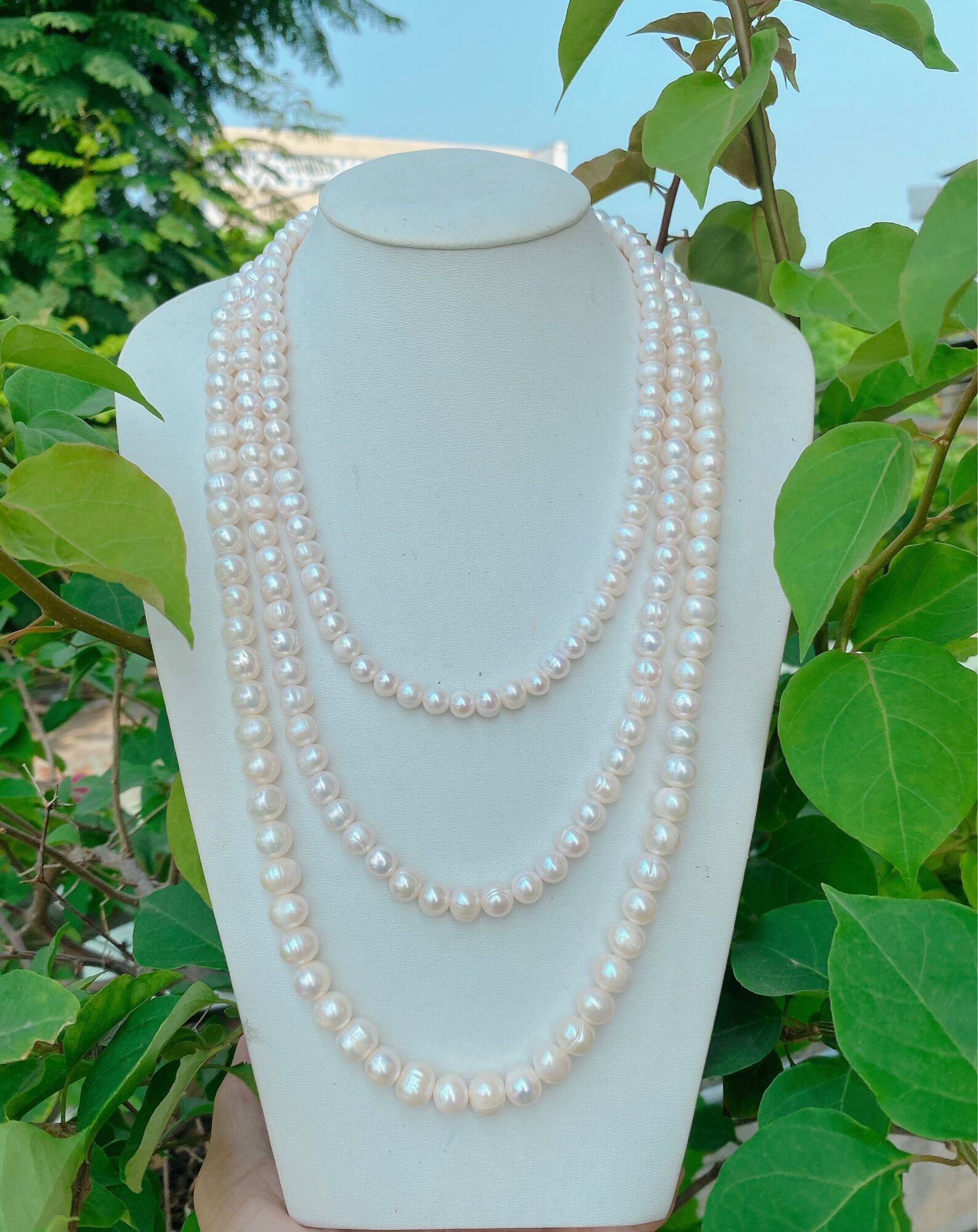 Dây chuyền ngọc trai nuôi nước ngọt, hạt gần tròn size 8ly màu Trắng kiểu dáng 3 tầng