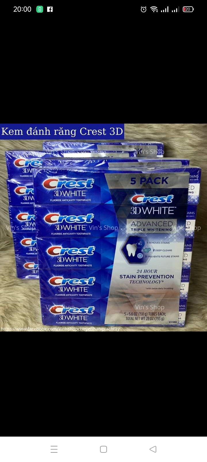 Kem đánh răng Crest 3D White Advanced Trip Whitening Toothpaste 158g